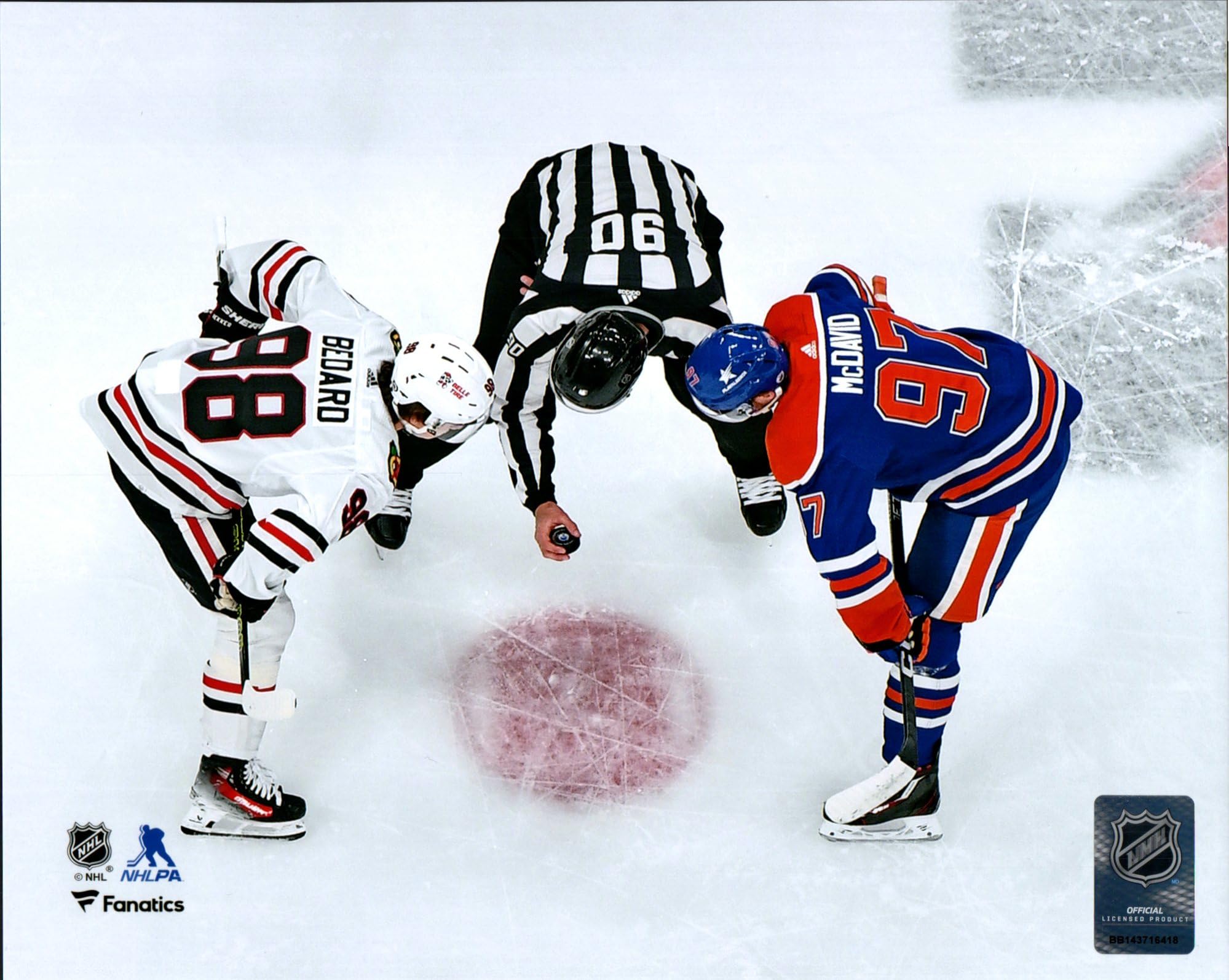 Connor Bedard Blackhawks vs Connor McDavid Oilers Faceoff Unsigned Photograph - 