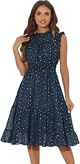 Allegra K Chiffon Midi Dress Women Sleeveless Smocked Waist Metallic Stars