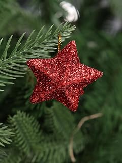6PCS 3D Glitter Star Christmas Decorative Pendant Xmas Tree Pentagram Hanging Ornament Festive Home Decoration Red 5CM