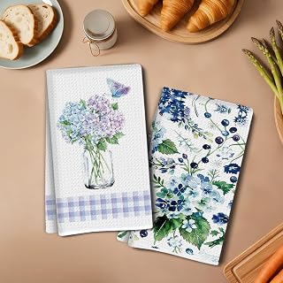 2 Pack Hydrangea Butterfly Kitchen Towels 14 x 24 Inches Decorative Dish Towels Absorbent Microfiber Dish Cloths Dish Cloths Blue Floral Hand Towels for Bathroom Kitchen Decor