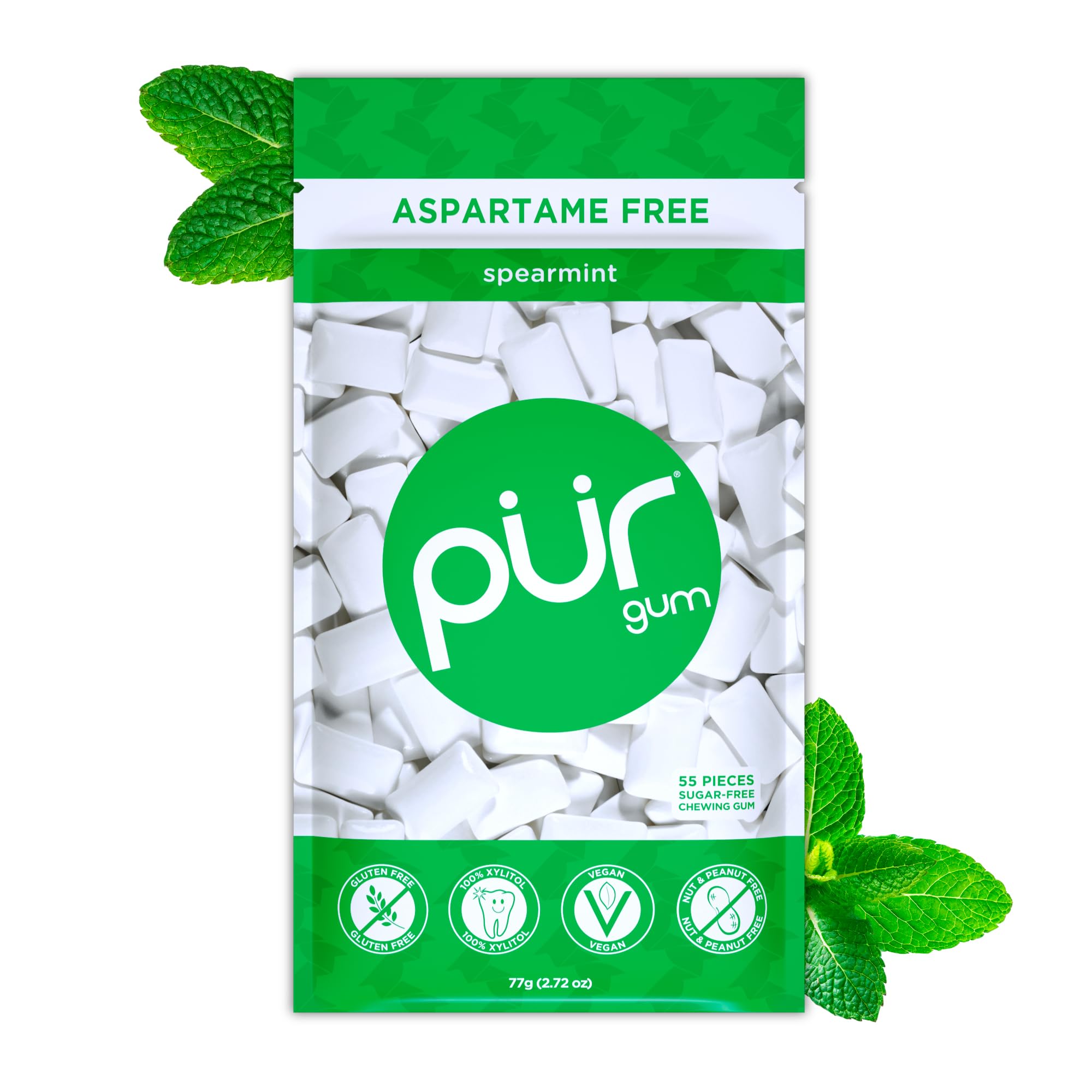 PUR Gum, Spearmint, Xylitol Gum, No Artificial Flavor, 55 Count | No Artificial 