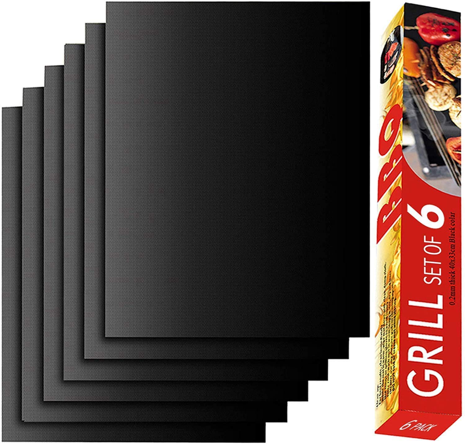 RENOOK Grill Mat Set of 6, Non-Stick, 15.75 x 13 Inch, Black | Reusable Mats for