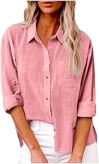 Womens Linen Shirts Summer Long Sleeve Lapel Blouse Lightweight Casual Button Down Shirt Loose Work Tops with Pockets