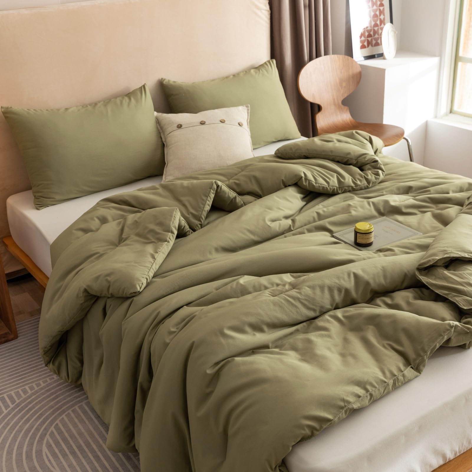 ROSGONIA King Size Comforter Set Olive Green, 3pcs (1 Boho Comforter & 2 Pillowc