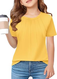 Haloumoning Girls Pleated T-Shirt Crewneck Casual Top | Fashion,Basic,Lightweight,Soft,Summer,Tees,School Daily Wear,P.E. Gym,Kids Clothes,Children
