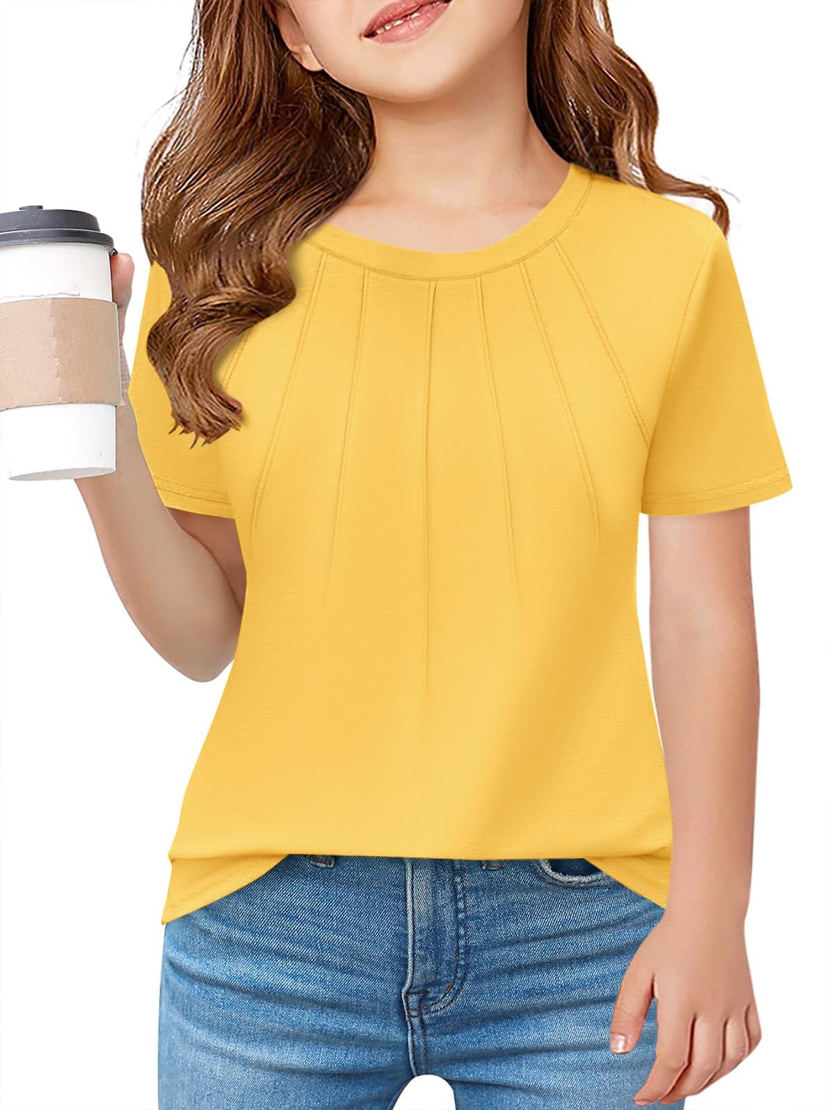 Haloumoning Girls Pleated T-Shirt Crewneck Casual Top | Fashion,Basic,Lightweigh