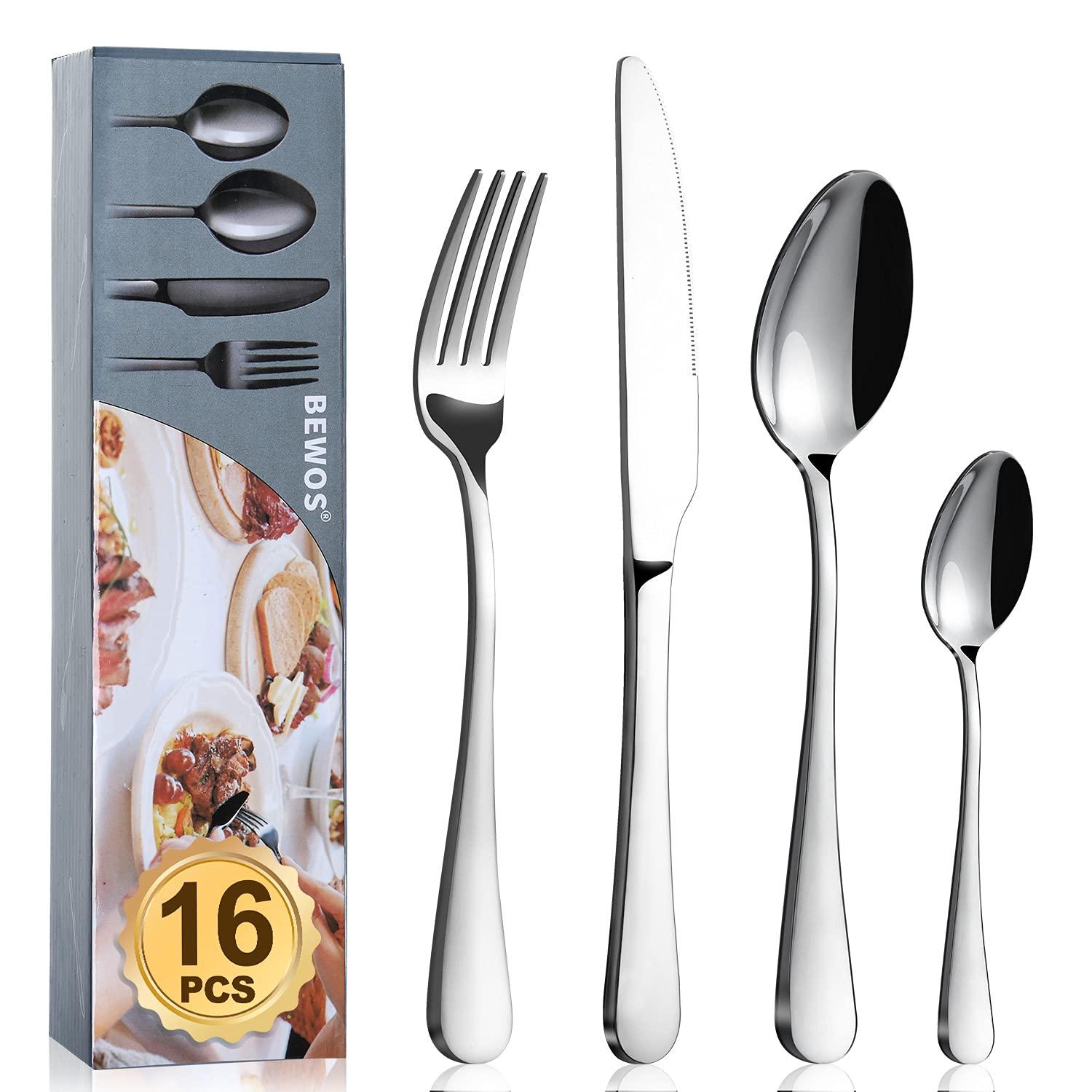 Cutlery Set, BEWOS 16 Piece Stainless Steel Flatware Set, Tableware Silverware S