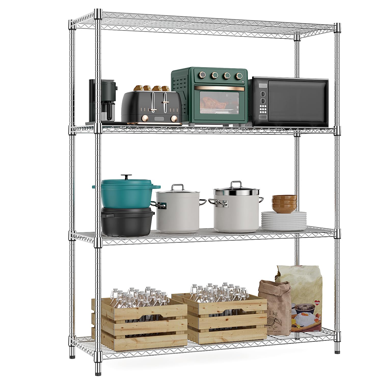 M MZG 4 Tier Chrome Metal Shelf, 635 kg Capacity, Steel Storage Shelf for Garage