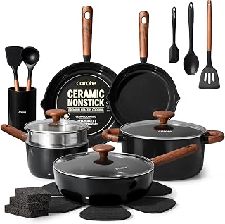 CAROTE 22pcs Ceramic Cookware Set, Pots and Pans Set | Non-Toxic Healthy Cooking Set with Glass Lids, Even Heating, with Steamer & Utensils Set & Sponge Eraser, PFAS FREE