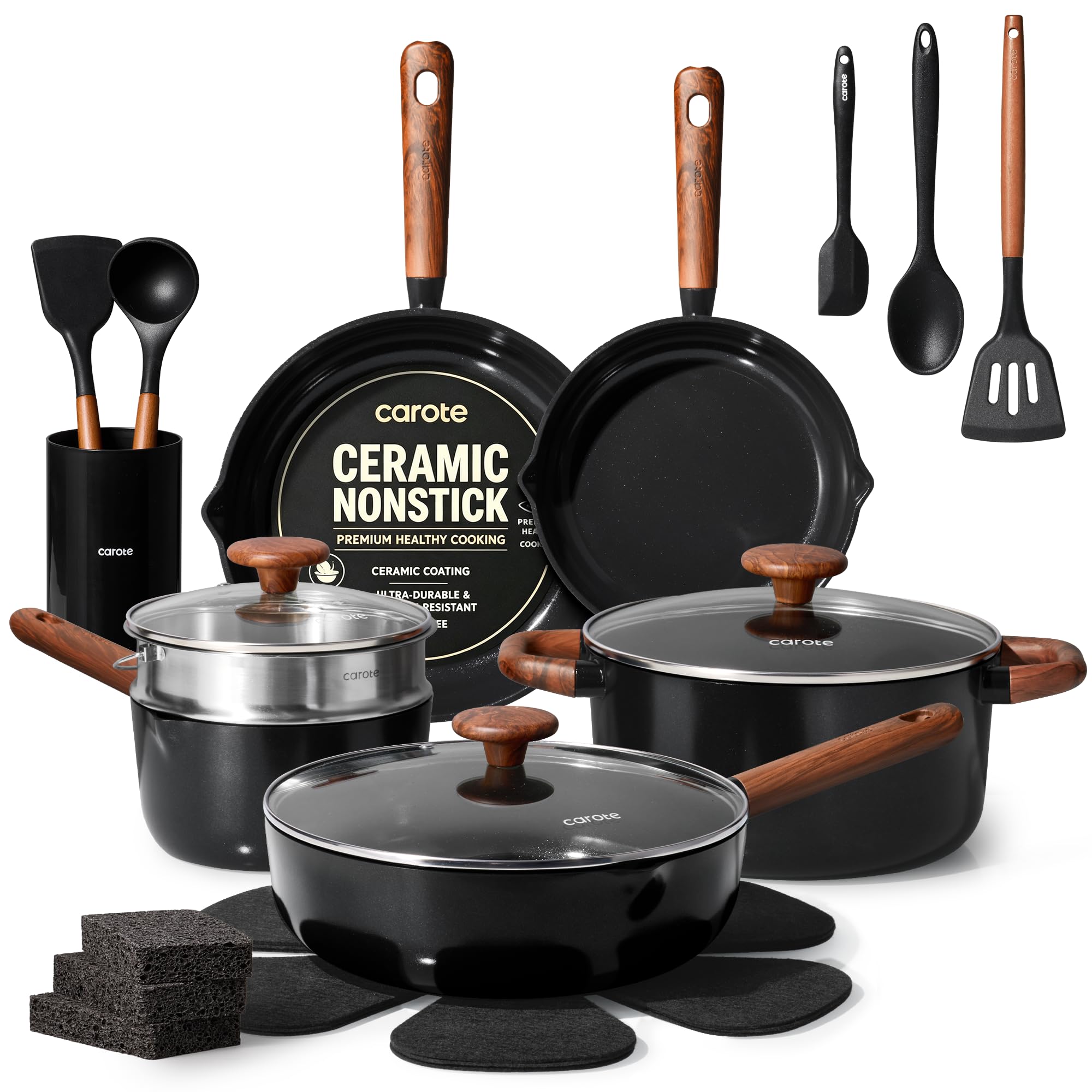 CAROTE 22pcs Ceramic Cookware Set, Pots and Pans Set | Non-Toxic Healthy Cooking