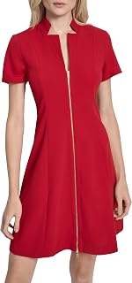 DKNY Women's Short Sleeve V-Neck Zipper Front Scuba Crepe Mini Dress