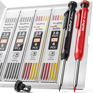 Nicpro 2 Piece Construction Pencils, Mechanical Pencil with 24 Refills, Deep Hole Marker, Carpenter Pencil for DIY Drawing, Carpenter Pencil for Architect (Red, Black)