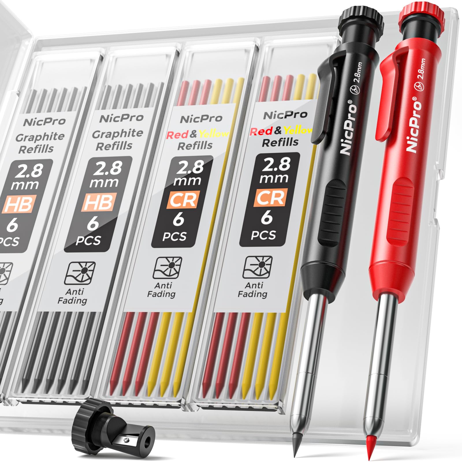 Nicpro 2 Piece Construction Pencils, Mechanical Pencil with 24 Refills, Deep Hol