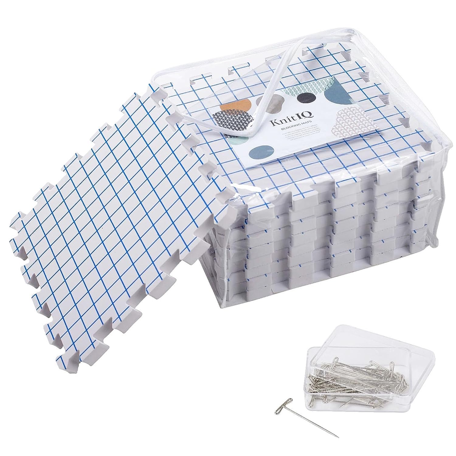 KnitIQ Standard 9-pc Set of Blocking Mats for Knitting & Crochet, Clear Bag | Bl