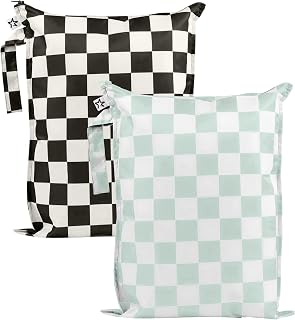 Tiny Twinkle Mess Proof Wet Bags | 2-Pack Reusable Waterproof Wet Bags for Swimsuits | Baby Clothes | Travel &amp; Diaper Bag (Black, Green Checkers)