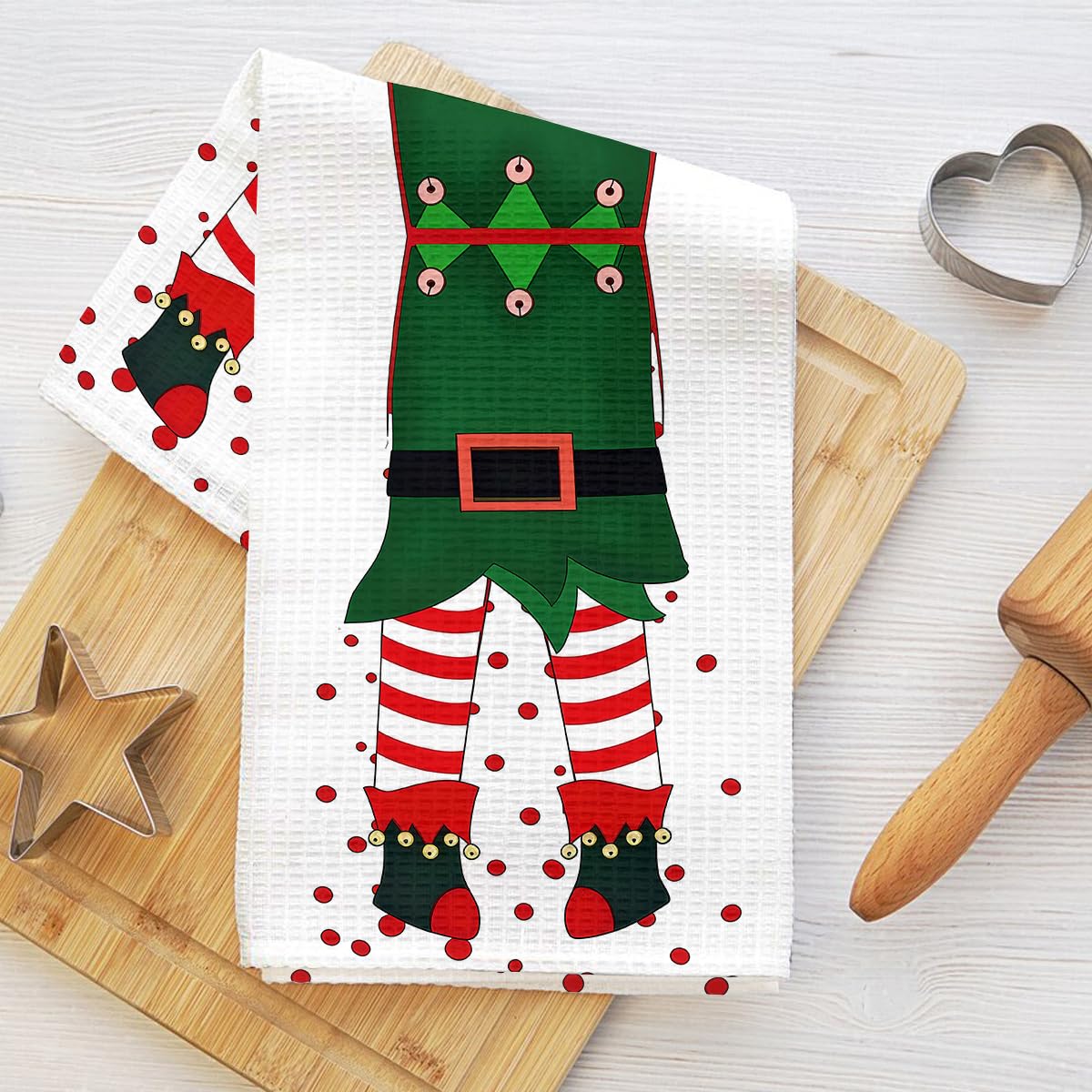 Christmas Elf Kitchen Towel, Colorful Absorbent Soft Tea Towel Hand Towel, Waffl