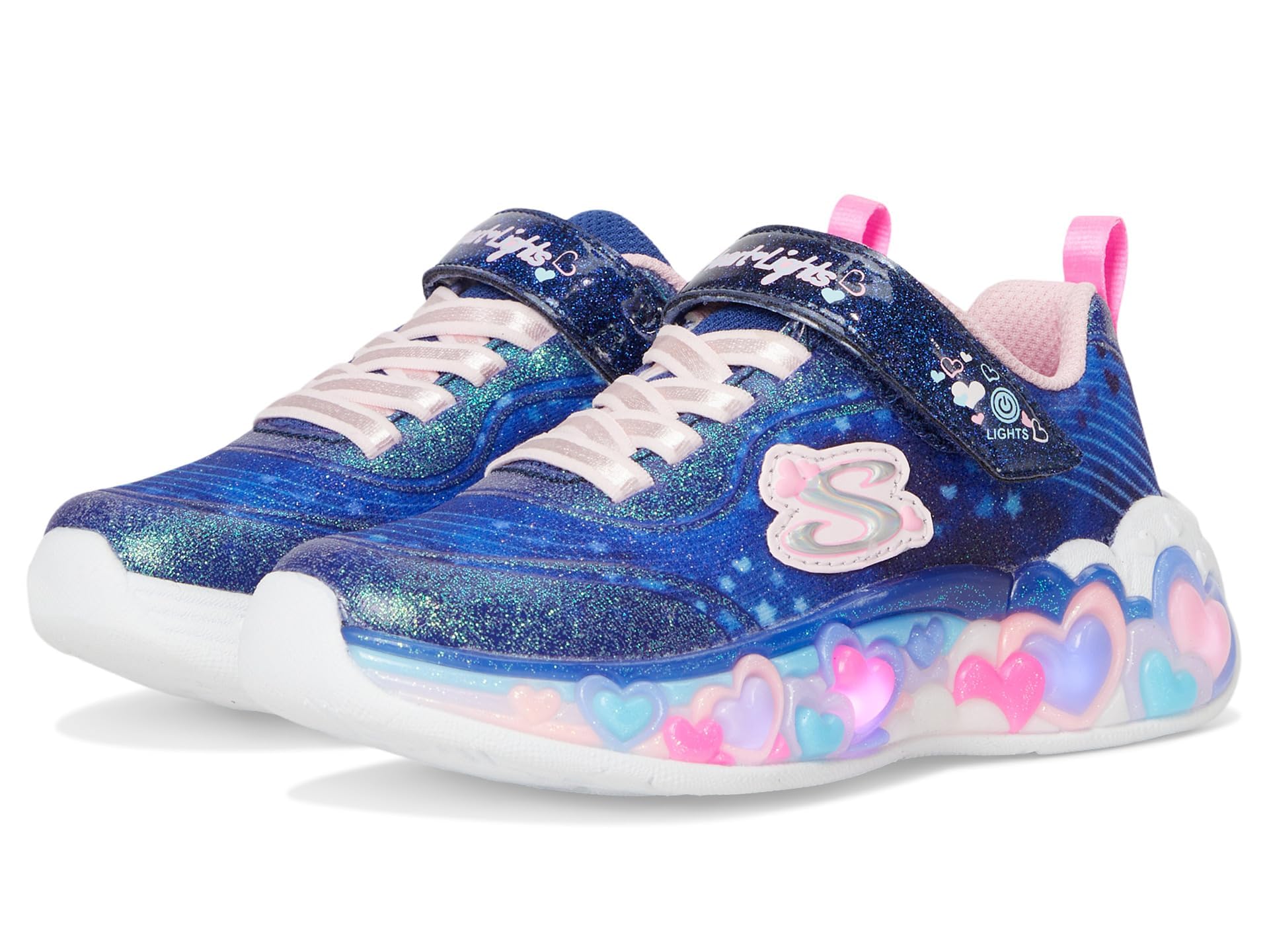 Skechers Girls' Eternal Heart Lights Trainers, Navy Sparkle Mesh/Multi Trim