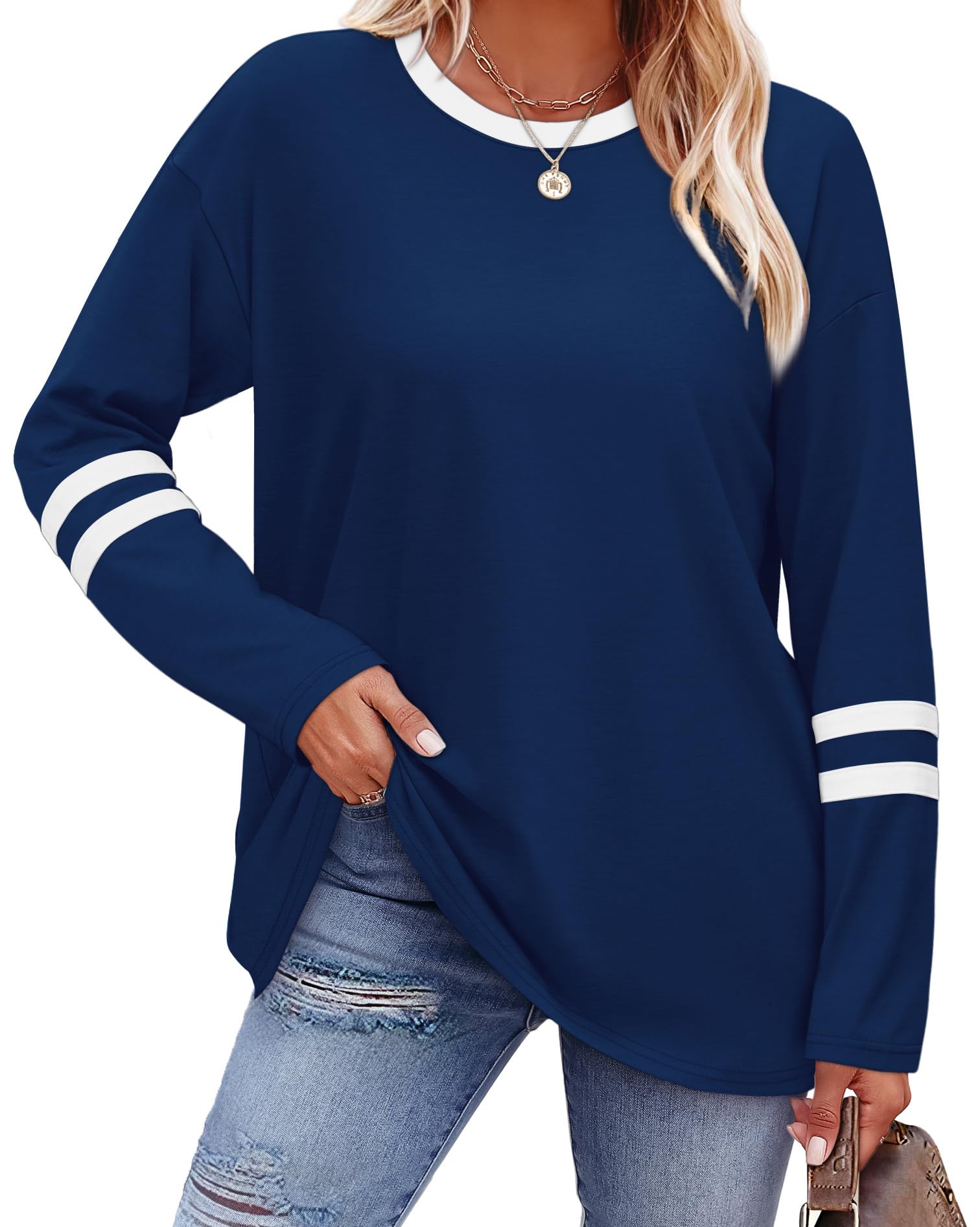 Sampeel Long Sleeve Shirts for Women Color Block Casual Tops Fall Outfits 2026 B