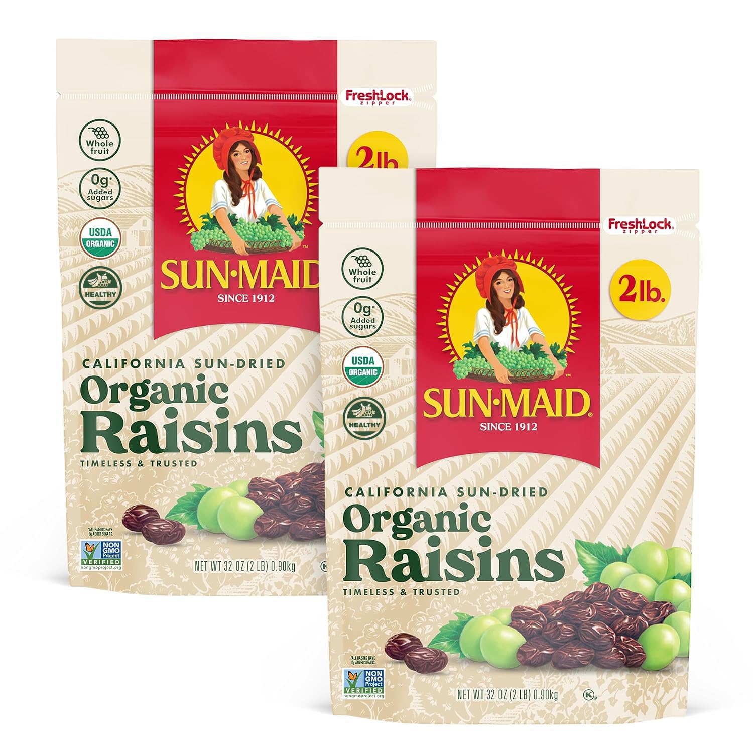 Sun-Maid Organic California Sun-Dried Raisins - (2 Pack) 32 oz Resealable Bag - 