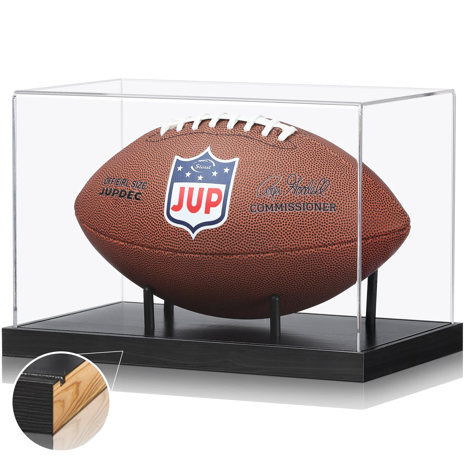 JupDec Football Display Case Full Size, Acrylic Clear Box with Wood Stand, UV Pr