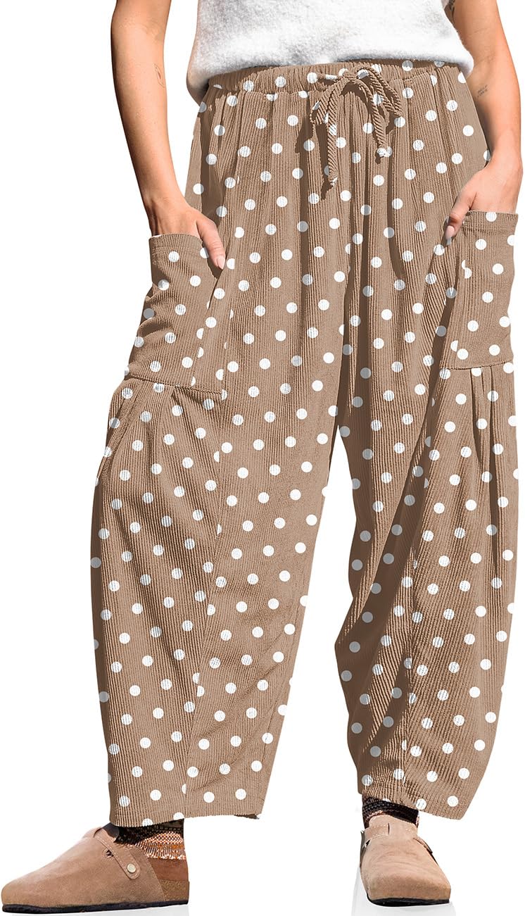 TARSE レディース コーデュロイ バレルパンツ ドローストリング ワイドレッグパンツ ポケット付き