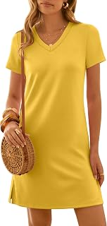 ANRABESS Summer Dress for Women 2026 Beach Vacation Clothes Short Sleeve V Neck Casual T Shirt Sundresses Travel Holiday