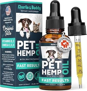 Hemp Oil for Dogs, Cats - Natural Calming Pet Anxiety, Stress & Pain Relief | Charlie & Buddy Hemp Oil for Dogs & Cats - Natural Calming Stress & Anxiety Relief Drops, Hip & Joint, Omega 3, 1 Fl Oz