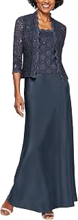 A-Line Midnight Polyester/Nylon/Spandex Midi Dress with Scalloped Lace Sequin Jacket by Alex Evenings