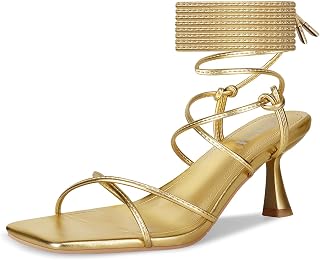 ISNOM Strappy Sandals for Women Kitten Heels Lace Up Heels Stiletto Heels Wrap Around Heels with Square Toe