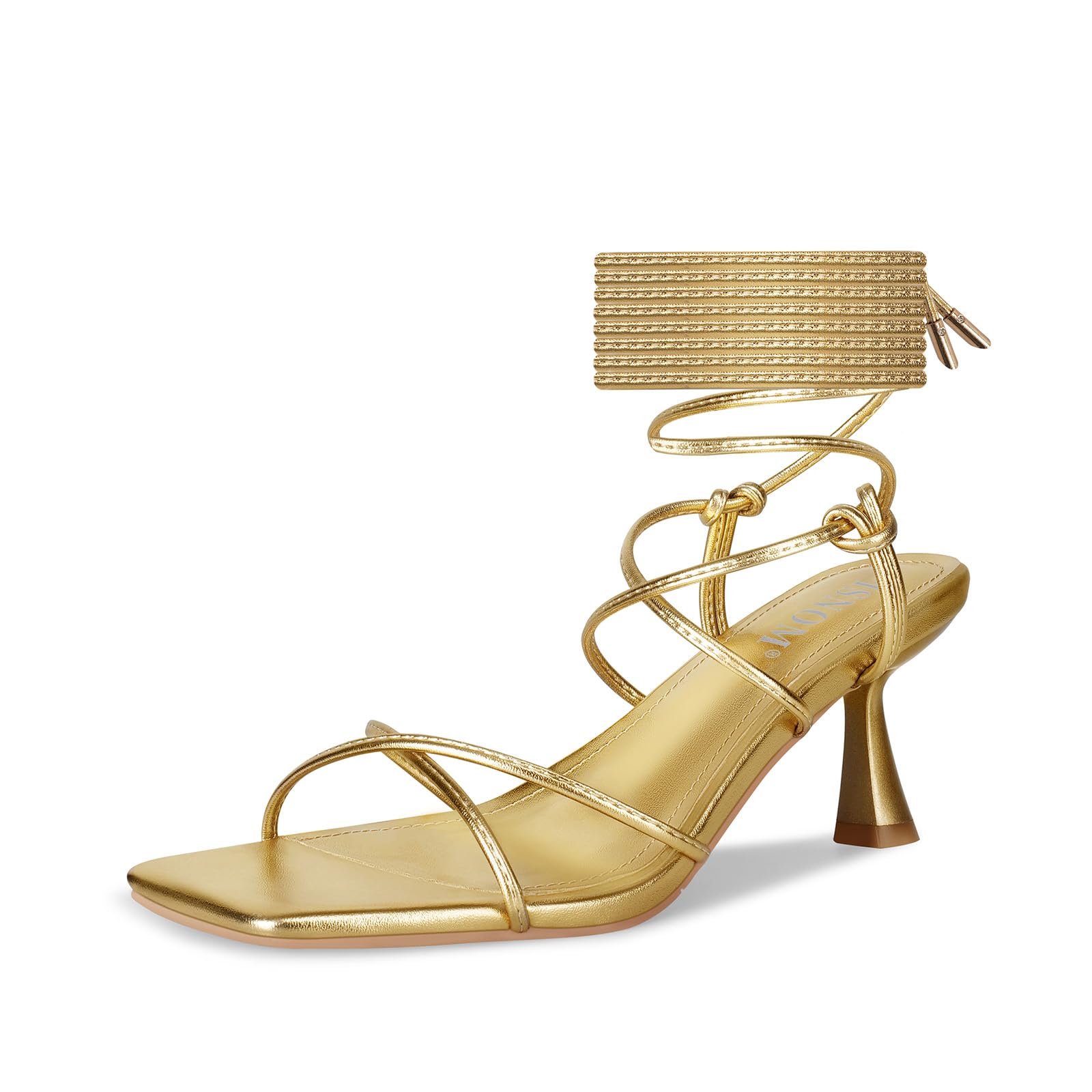 ISNOM Strappy Sandals for Women Kitten Heels Lace Up Heels Stiletto Heels Wrap A