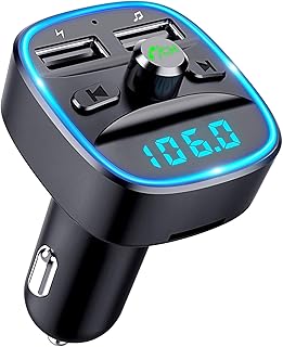TEUMI FM Transmitter for Car Bluetooth 5.3, Blue Ambient Light Bluetooth Car Adapter, Wireless FM Radio Stereo Car Kit, Hands Free Calling, Dual USB Ports 5V 2.4A & 1A, Support SD Card USB Flash Drive