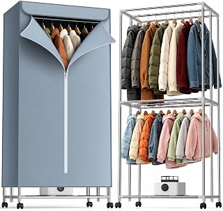 Heated Clothes Airer with Cover, 30-Min Fast Drying Clothes Dryer, Portable Indoor Laundry Dryer 16kg Large Capacity Double Layer Drying Rack, Lockable Wheels, Compact Dryer for Flats & Homes