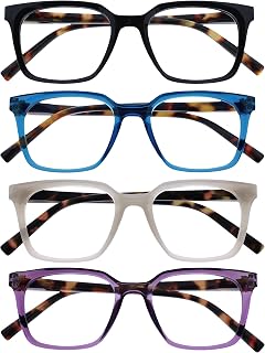 OPULIZE KOI Reading Glasses – Large Rectangular Frame – Men and Women – Spring Hinges, 4 Pack - Black / Blue / Purple / Grey, One size