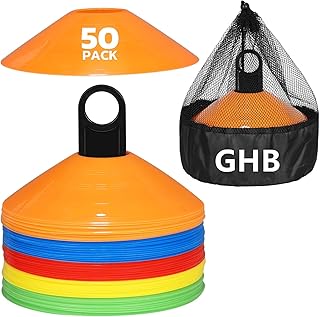 GHB Disc Cones, Soccer Cones, Sport Training Cones, 25/50/100 PCS | Carry Bag and Holder, For Football, Basketball, Coaching, Practice Equipment, Includes Cone Drills Guide