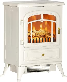 HOMCOM 22" Electric Fireplace Heater Stove 725W/1450W Beige | Freestanding Fire Place Stove, Realistic LED Flames and Logs, Overheating Protection