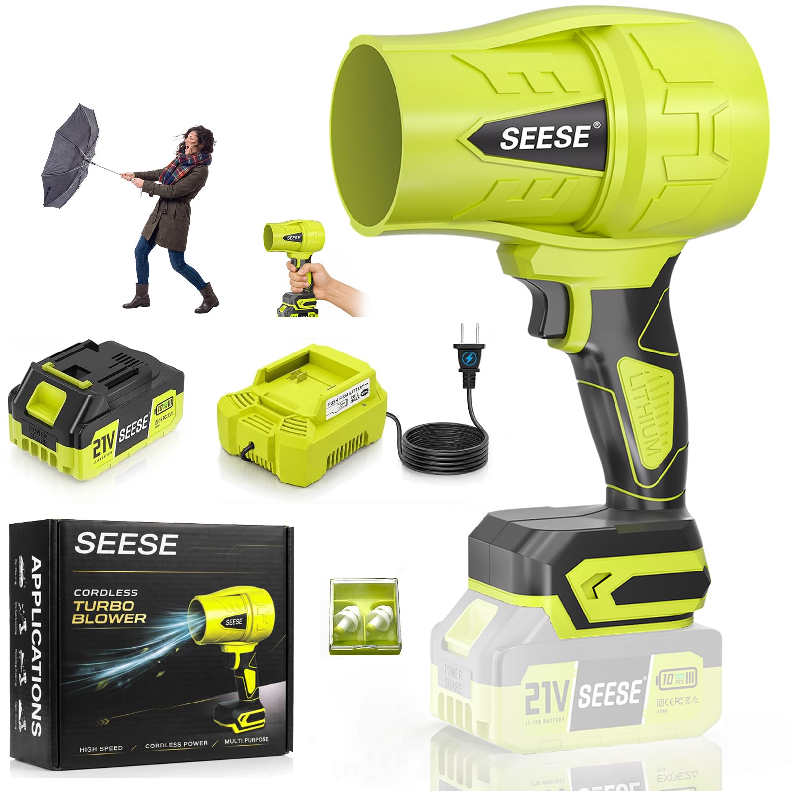 SEESE Turbo Cordless Leaf Blower, 600 CFM Turbo Jet, Lightweight Handheld Blower