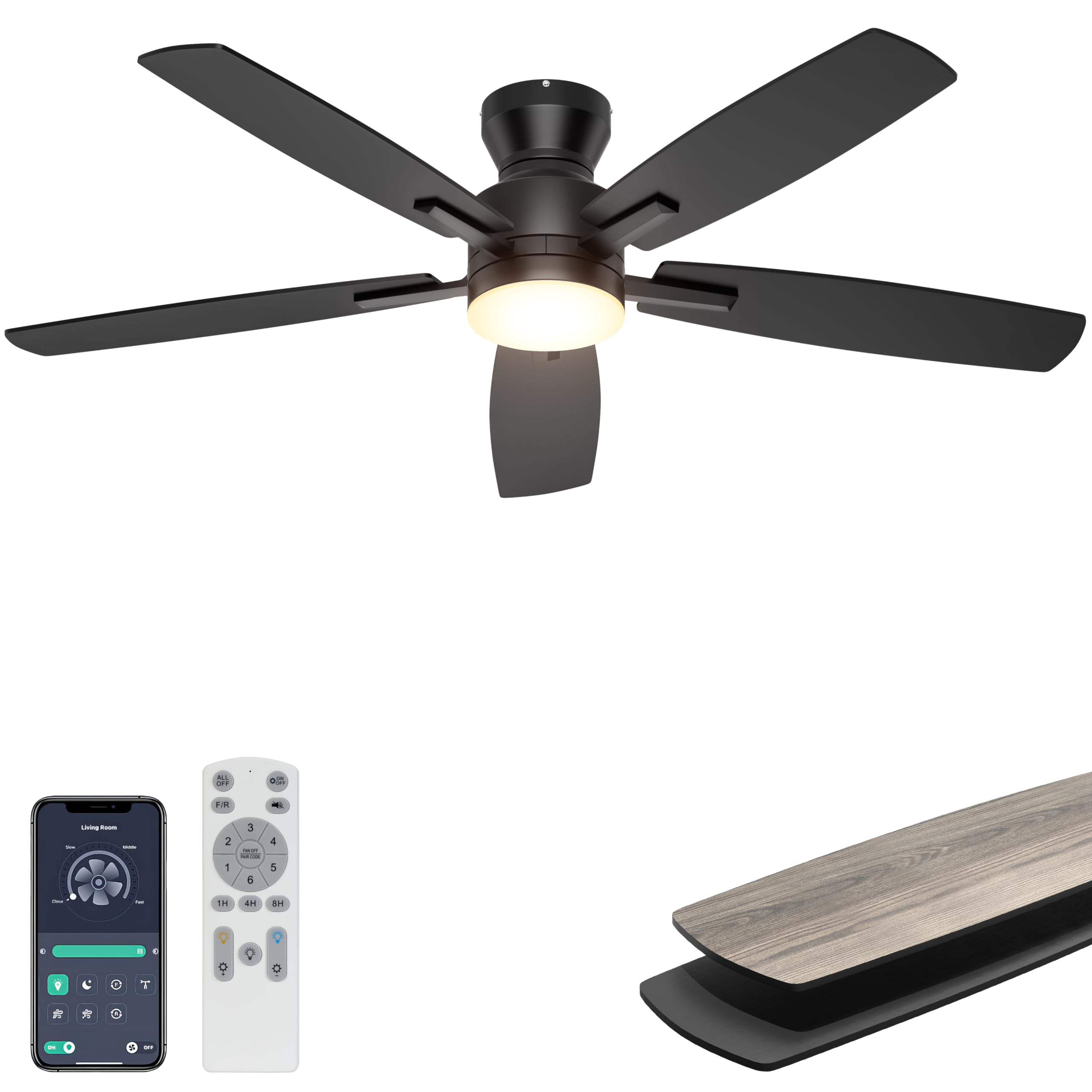 Ohniyou 52'' Low Profile Ceiling Fan with Lights, Remote/APP Control, Black | Fl