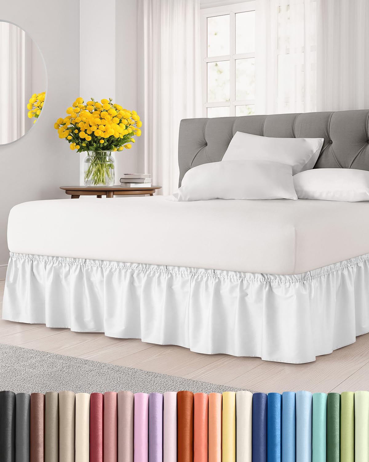 CGK Wrap Around Dust Ruffle Bed Skirt - Queen Size, 15" Inch, White | Easy Fit E