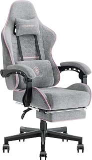 Dowinx Ergonomic Fabric Gaming Chair with Spring Cushion, Gaming Chair with Headrest, Lumbar Support and Footrest, Supports 150 kg, Ideal for Gaming and Office​, Grey and Pink