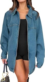 Tankaneo Women Oversized Denim Jackets Casual Zipper Long Sleeve Pocket Jeans Jackets