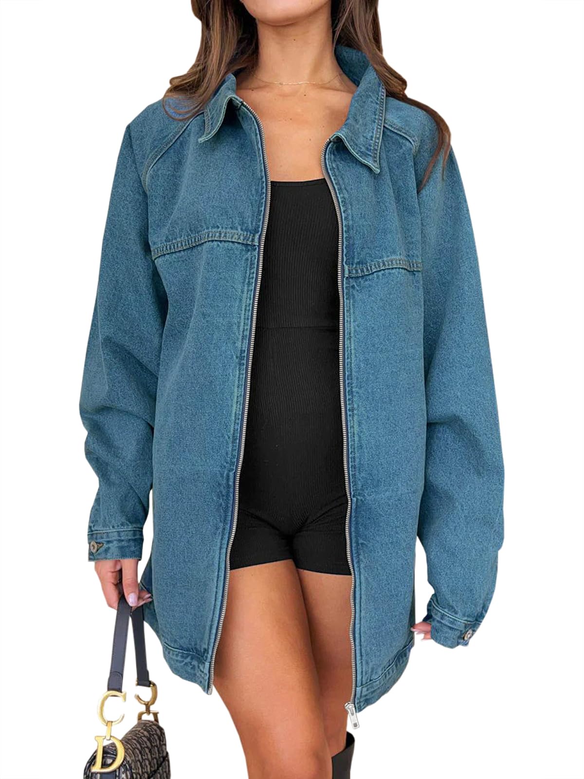 Tankaneo Women Oversized Denim Jackets Casual Zipper Long Sleeve Pocket Jeans Ja