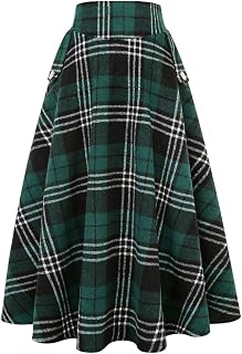 IDEALSANXUN Women’s Fall Winter High Waisted Wool Plaid A-line Long Skirt
