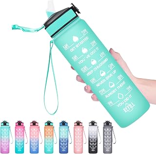 Hyeta Water Bottle with Straw & Time Marker, Plastic 32oz Leakproof