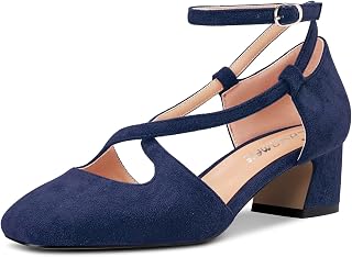 Castamere Women's Mid Block Chunky Heel Square Toe Cross Straps Pumps Party Cute Shoes