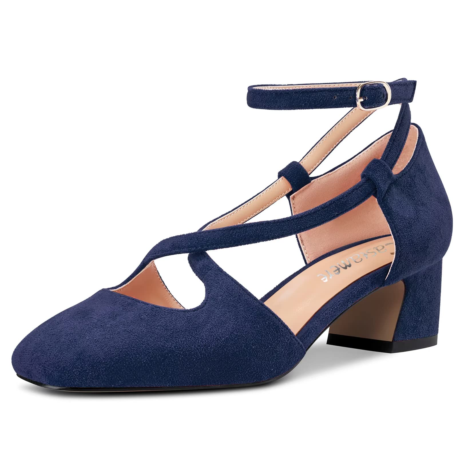 Castamere Women's Mid Block Chunky Heel Square Toe Cross Straps Pumps Party Cute