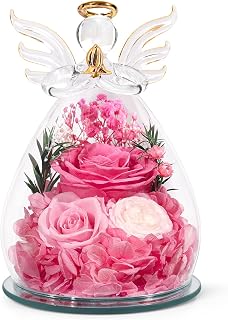Gifts for Women Preserved Rose Forever Flower in Glass Angel Figurines Fresh Flowers for Delivery Prime Mothers Day Birthday Gifts for Mom Real Pink Roses for Grandma Sister Wife Her from Daughter