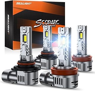 SEALIGHT S2S 9005/HB3 H11/H8/H9/H16 Light Bulbs Combo, 160,000LM Super Brighter, 6500K Pure White 9005 H11 Fog Bulbs with 25000RPM Cooling Fan, 80K+ Hours Lifespan, 4-Pack for Cars/Trucks/SUVs