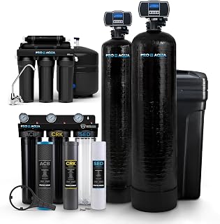 PRO+AQUA Elite 5-Stage Whole House Water Softener and Filter Bundle System for Well Water | Reduces Heavy Metals, Iron, Sulfur, Sediment, Chlorine, and More | Ideal for 3-4 Bathrooms (+ RO System)