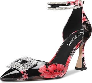 Castamere Women's High Chunky Wide Heel Ankle Strap Diamond Crystal Pointed Toe Pumps 8.5 CM Heels