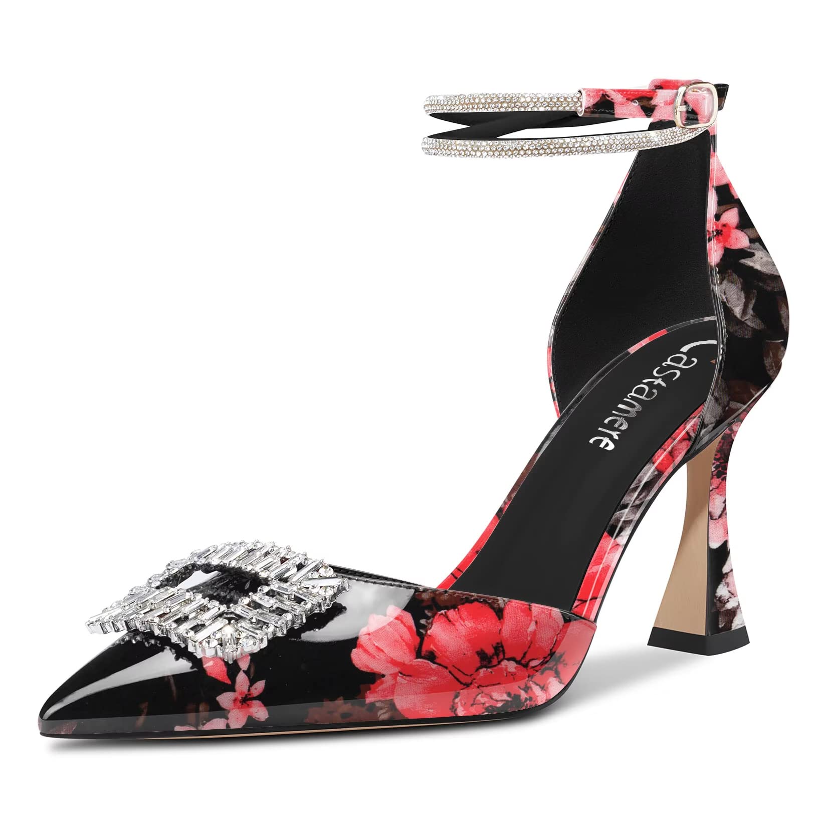 Castamere Women's High Chunky Wide Heel Ankle Strap Diamond Crystal Pointed Toe 